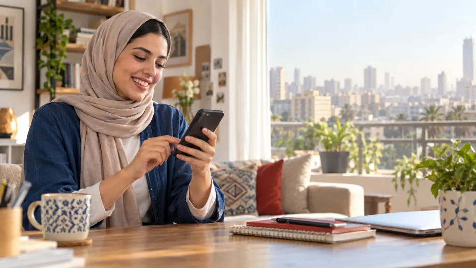 شابة مصرية تستخدم هاتفها لإنجاز مهام أونلاين